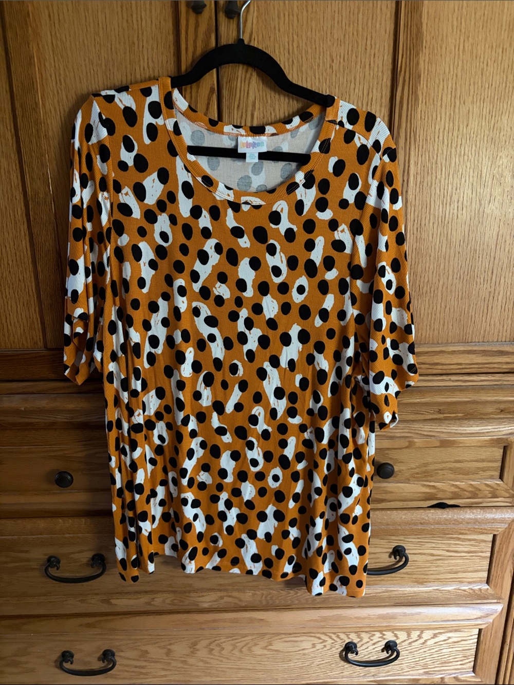 LuLaRoe Mustard Short Sleeve Top with Black & White Polka Print